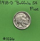1918 D Indian Head Buffalo 🦬 Nickel 5c Fine