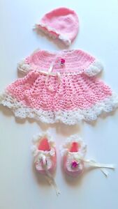 Newborn Baby Girl Pink Handmade Crochet Dress Set Booties Beanie 0-6 Months