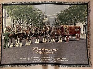 Vintage BUDWEISER Clydesdales Blanket Throw Woven Beer Horse 72x52 Prohibition