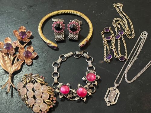 Vintage Rhinestone + Jewelry Lot Pink and Purple Stones 1940s ++