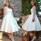 V Neck Long Sleeves Wedding Dress Satin A Line Tea Length Ruching Bridal Gowns