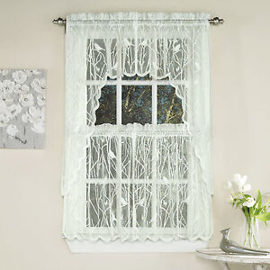 Knit Lace Bird Motif Kitchen Window Curtain Tiers, Swags or Valance Ivory