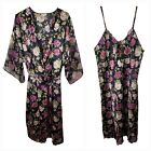 Satin Kimono Robe and Nightgown Slip Dress Set 1X Roses Peignoir 2 pc Plus Size