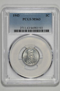 1943 1c Lincoln Steel Wheat Cent PCGS MS 63