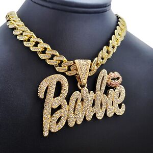 Women Gold Plated Large Barbie Charm & Iced Cubic Zirconia Cuban Chain Necklace