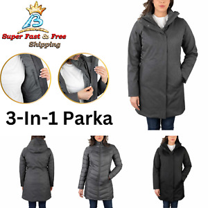 Ladies 3-In-1 Parka Jacket Coat Hoodie Long Sleeve Waterproof Gray Black Women