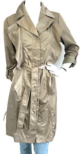 WHBM Satin Trench Coat Ruffle Front Button Pocket Belt Roll Tab Sleeve Bronze S