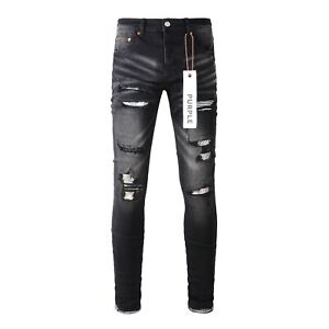 Purple trendy Men's High Street black ripped silver patch stretch fashion jeans