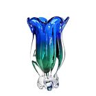 Vintage Royal Gallery Art Glass Tulip Blue Green Heavy Vase 1999 Poland 9.5