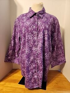 Womens Top Blair Size XL Purple White Floral Button 3/4 Sleeve Polyester Blend