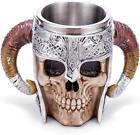 Stainless Steel Double Handle Horn Skull Beer Cup, Viking Warrior Skull Mug Tank