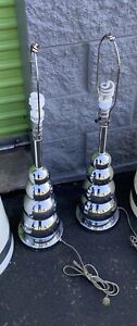 Mid Century Modern Pair Of Chrome Stacked Ball Table Lamps Free Shipping