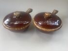 2 Vintage Hull Covered Soup Bowls w/Handles Oven Proof Brown Drip Glazed USA
