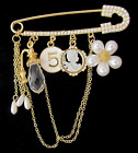 Safety Pin Fashion Brooch w/ Dangles & Chains Perfume Bottle Flower Lady