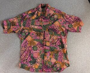 Kennington Hawaiian Shirt Mens Large Vintage Orange Pink Button Pocket Rayon