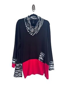 Ali Miles Top Size 1X Long Sleeve Cowl Neck Zipper Accent Knit Mix Print Shirt