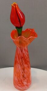 Hand Blown Art Glass Flower Long Stem Murano Style Red Tulip Green Stem 12” READ
