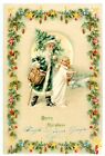 Christmas - GREEN SUIT SANTA & ANGEL - 1902 Germany Hold to Light HTL Postcard