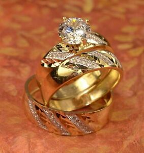 4 Ct Simulated Diamond His/Her Wedding Band Trio Ring Set 14k Yellow Gold Plated