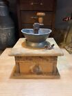 New ListingEarly Antique Primitive Pewter Top Coffee Lap Grinder Wood Dovetailed Box Works