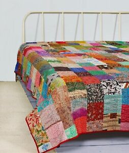 New ListingIndian Multi Silk Kantha Quilt Handmade Sari Patchwork Bedspread Blanket Throw