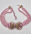 Vintage Unsigned MIRIAM HASKELL PINK GLASS BEADED 3 Strands NECKLACE Pine cones