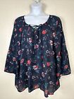 Faded Glory Womens Plus Size 3X Blue Floral Tassled Top Long Sleeve
