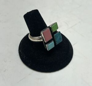 Sterling Silver Zuni Turquoise Ring Old Pawn Mexico Sz8 13.6G Estate Rare Multi