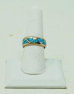 Vintage Indigenous Style Crushed Turquoise Inlay Silver Band Ring - Size 7.50