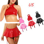 US Womens Patent Leather Lingerie Set Wetlook Mini Set Top with Skirt Clubwear