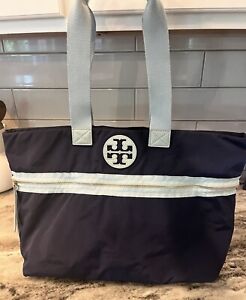 Tory Burch Navy Teal Nylon Leather Tote Shoulder Bag Purse Large
