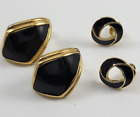 Vintage Earring Lot Signed Trifari Monet Black Enamel Gold Tone  Post Stud