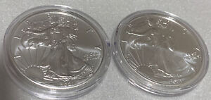 2021 American Silver Eagle Type 1 And Type 2 -BU 2 Coins In Clear Capsules