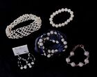 5 Vintage Faux Pearl Jewelry Lot W 2 Bracelets 1 Earrings 1 Belt & Elastic Band