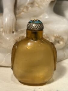 Antique Chinese Carved Amber Peking Glass Snuff Bottle Cloisonné Stopper