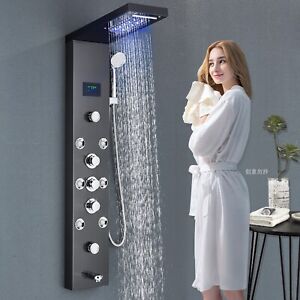 Black Shower Panel Tower System LED Rainfall Waterfall Massage Body Jets Faucet