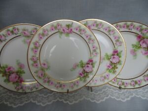 Four Antique Germany KPM Pink Dropped Roses Cabinet/Dessert Plates Gold Trim