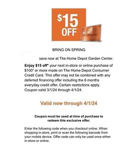 Home Depot Garden Center $15 off In-Store Or Online Purchase Of $100+ Exp 4/1/24