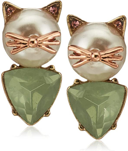 Betsey Johnson Cat Stud Earrings | Pearl Cat Face | Delicate Stone Accents