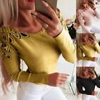Womens Long Sleeve Hollow Blouse OL Ladies Casual Slim Fit Tunic Tops Pullover