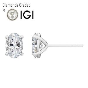 IGI,D/VS1, 2 CT ,Solitaire Lab-Grown Oval Diamond Studs Earring, 18K White Gold