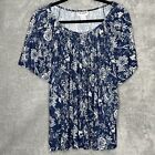 CD Daniels 2X Shirt Top Blue Floral Short Sleeve Scoop Neck Stretch Casual