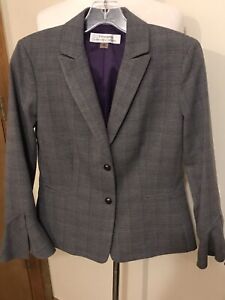 Tahari ASL Size 4 Gray Purple Plaid Blazer Suit Jacket Split Bell Sleeves EUC