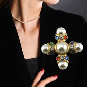 Cross Brooch Pin Faux Pearl Style Cabochon Gold Tone Accessories