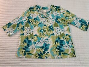 Blair Womens Top, Sz XL, 3/4 Sleeve, Colorful Floral,Pullover, Rnd Neck W/ Studs