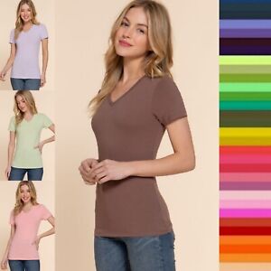 Women's V Neck Short Sleeve Basic Shirt Top Soft Stretch Cotton T-Shirt