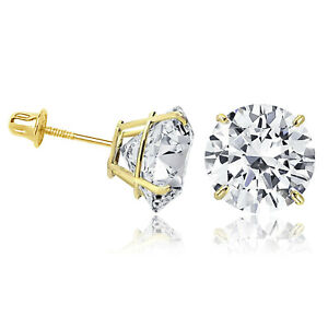 14K Solid Yellow Gold Round Solitaire Cubic Zirconia Screw Back Stud Earrings