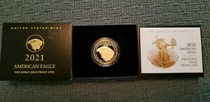 2021-W 1 Oz American Eagle One Ounce Gold Proof Coin (21EBN) Type 2 Box and COA