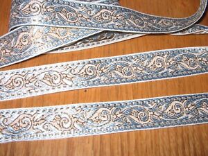 LOT 3 YARDS EMBROIDERED BLUE/WHITE/GOLD JACQUARD RIBBON TRIM SEWING~CRAFTS~BELTS