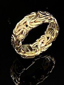 Solid 14K Yellow Gold 7.5 mm Wide Byzantine Link Design Band Ring 7-10